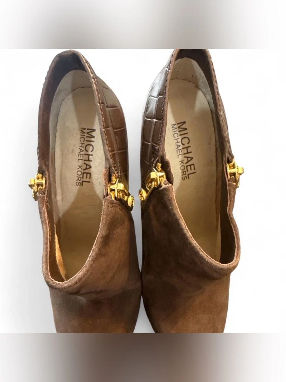 Michael Kors Brown Suede Croc Embossed Gold Zip Booties 5